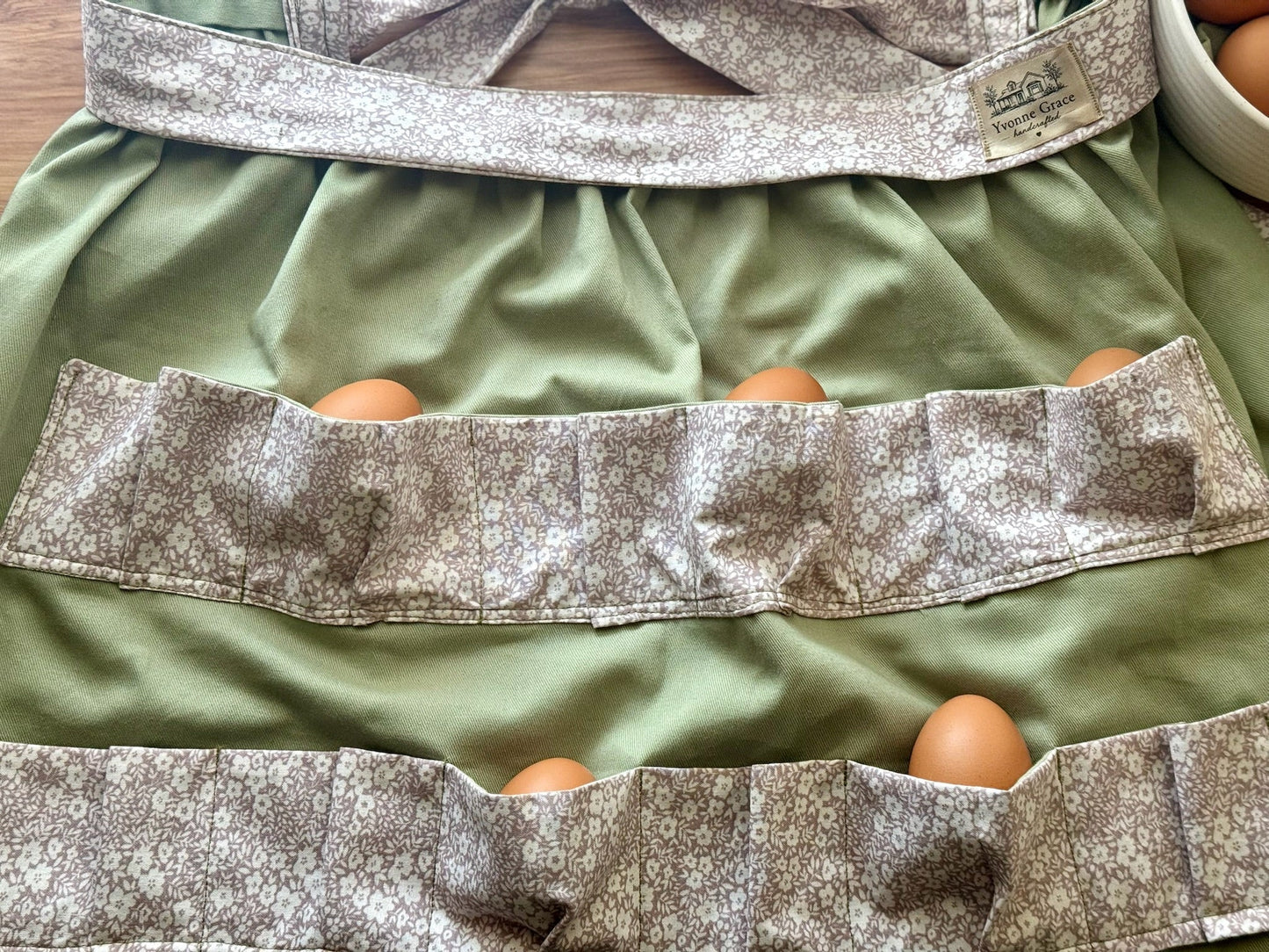 Egg Apron- Sage & Taupe Floral