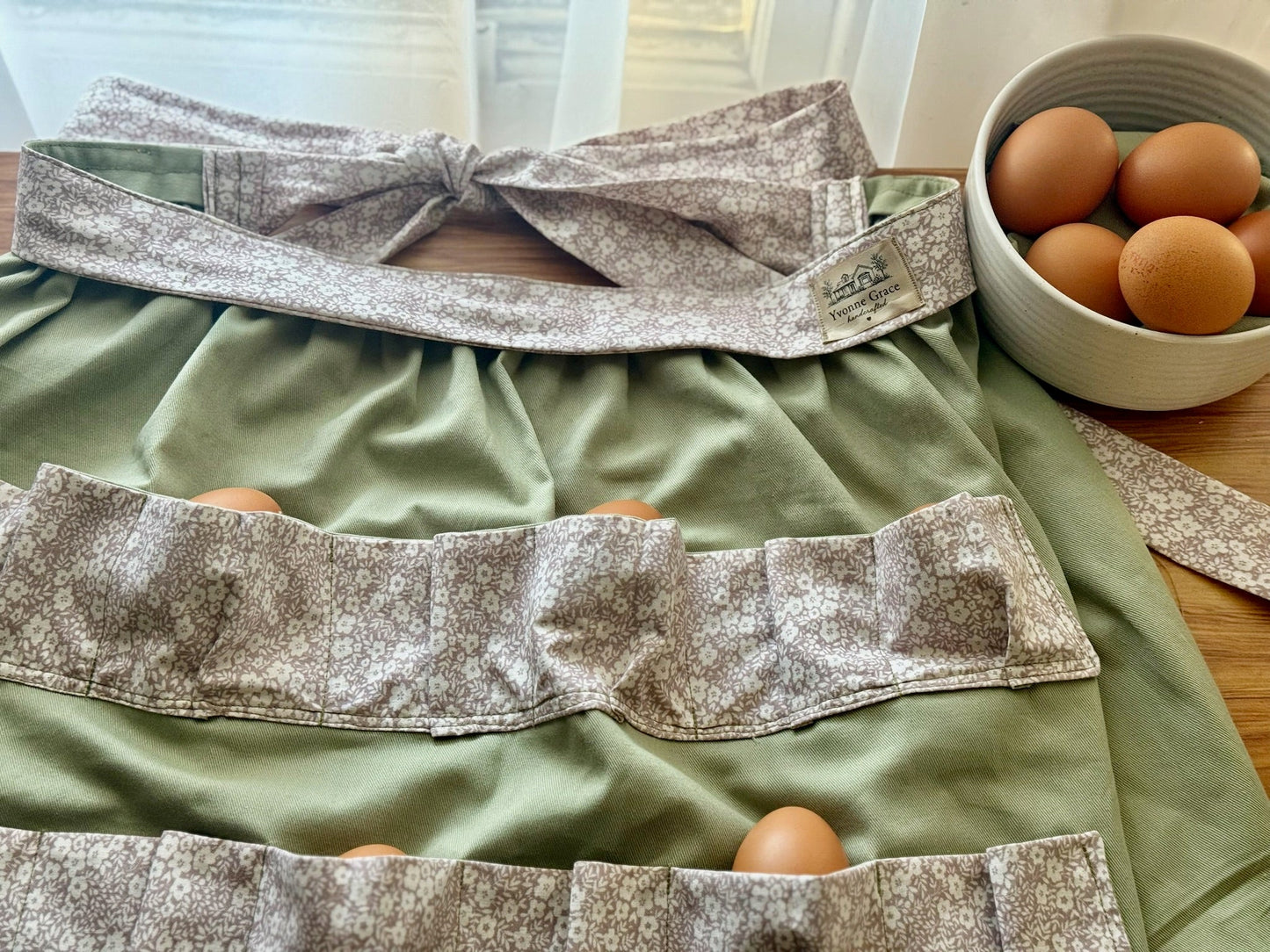 Egg Apron- Sage & Taupe Floral